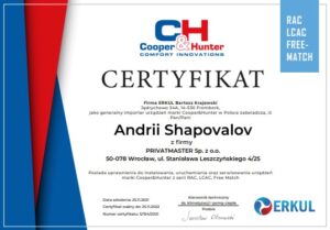 Certyfikat klimatyzacja CooperHunter Privatmaster 2022