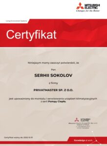 Certyfikat Mitsubishi Electric Pompy Ciepła 2022
