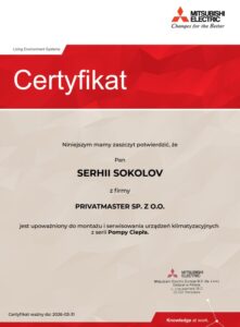 Certyfikat MitsubishiEl-Pompa Ciepla Privatmaster 2026