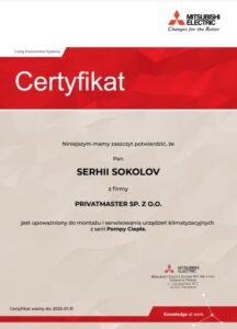 Certyfikat Mitsubishi El pompa ciepla Privatmaster 2024