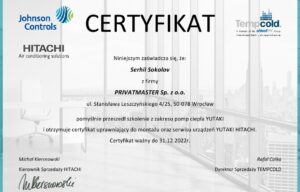 Certyfikat Hitachi Pompa Ciepla 2022