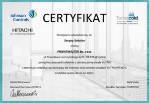 Certyfikat Hitachi pompy ciepla Privatmaster 2023