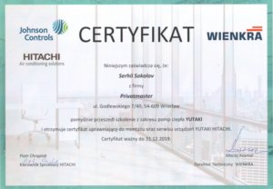 Certyfikat Hitachi z zakresu pomp ciepła
