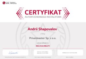 Certyfikat LG RAC CAC Multi Privatmaster