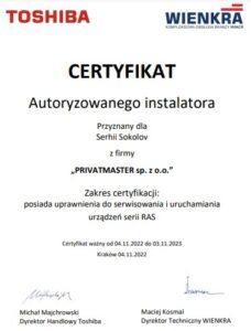 Certyfikat Toshiba RAS-RAC-CAC Privatmaster 2023