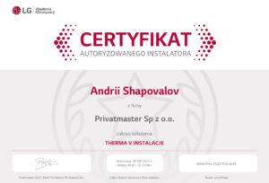 Certyfikat LG Pompy ciepla ThermaV