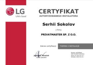 Certyfikat LG ThermaV Pompyciepla Privatmaster 2022