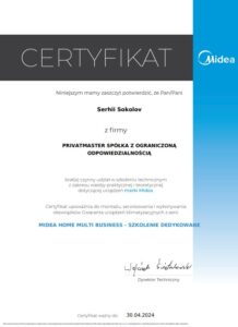 Certyfikat Midea klimatyzacja Privatmaster