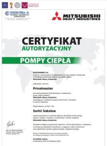 Certyfikat Mitsubishi Heavy Industries pompy ciepla Privatmaster 2023
