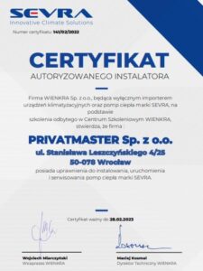 Certyfikat Sevra Pompa ciepla 2022