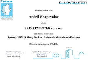 Certyfikat Daikin Privatmaster 2020