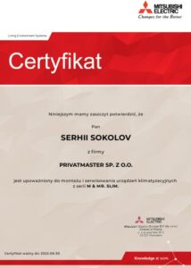 Certyfikat Mitsubishi Electric M-MrSlim 2022 Privatmaster
