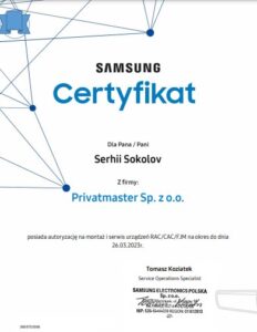 Certyfikat Samsung 2022 rok Privatmaster