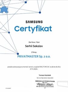 Certyfikat klimatyzacja Samsung RAC CAC Privatmaster 2024