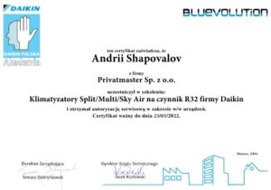 Certyfikat klimatyzatory Daikin Split Sky Multi 2021 Privatmaster