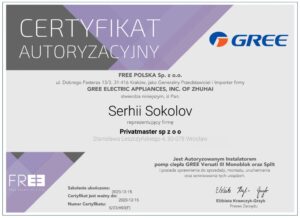 Certyfikat Gree pompy ciepla Privatmaster