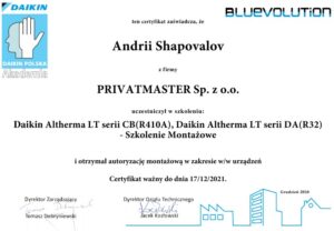 Certyfikat Daikin Altherma Pompa ciepła Privatmaster 2021