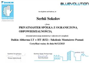 Certyfikat Daikin pompy ciepla Privatmaster 2023-2024