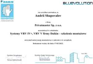 Certyfikat Daikin VRF Privatmaster 2021
