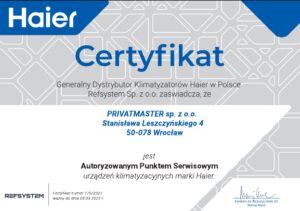 Certyfikat Haier Privatmaster Wrocław