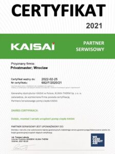 Certyfikat Kaisai Pompa ciepla 2021