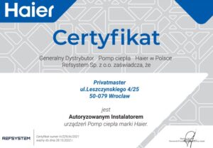Certyfikat Haier Pompa Ciepła Privatmaster 2022