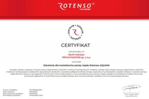 Certyfikat Rotenso Pompy ciepla Privatmaster 2023