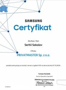 Certyfikat Samsung Pompy ciepla Privatmaster 2023-2024