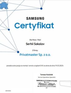 Certyfikat Samsung Pompy ciepla Privatmaster
