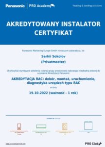 Certyfikat Panasonic klimatyzacja RAC