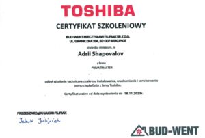 Certyfikat Toshiba pompy ciepla Privatmaster 2023